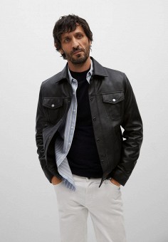 Куртка кожаная, Mango Man, цвет: черный. Артикул: HE002EMLWST0. Одежда / Верхняя одежда / Кожаные куртки