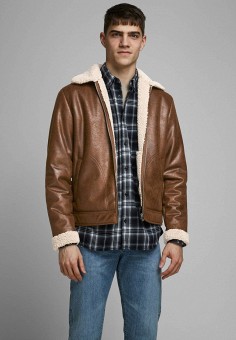 Куртка кожаная, Jack & Jones, цвет: коричневый. Артикул: JA391EMJQKY8. Одежда / Верхняя одежда / Кожаные куртки