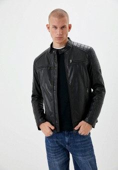 Куртка кожаная, Guess Jeans, цвет: черный. Артикул: RTLABA440001. Одежда / Верхняя одежда / Кожаные куртки