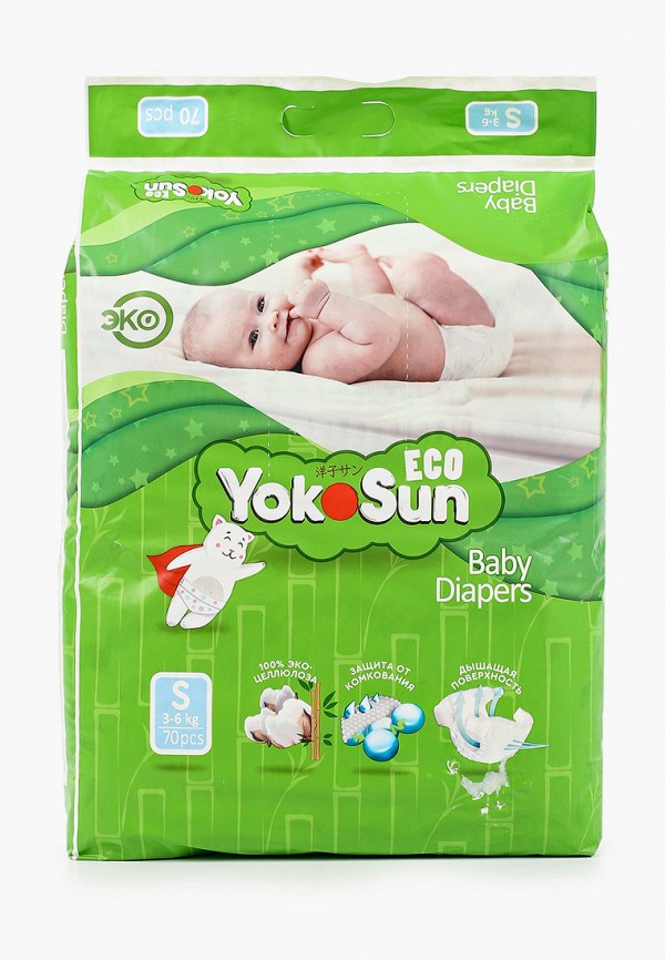 Подгузники Yokosun Eco, размер S (3-6 кг), 70 шт., цвет: белый ...