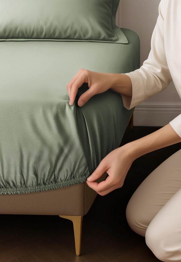 Bellehome Простыня 1,5-спальная - на резинке Стефания Olive 80х200х30 сатин - фото 3