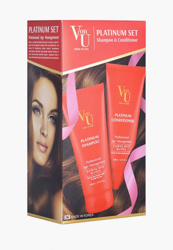 Von U Набор для ухода за волосами - подарочный корейский / Для сухих, жестких, пористых, вьющихся и седых волос / Шампунь 200 мл + Кондиционер 200 мл / Platinum - фото 1