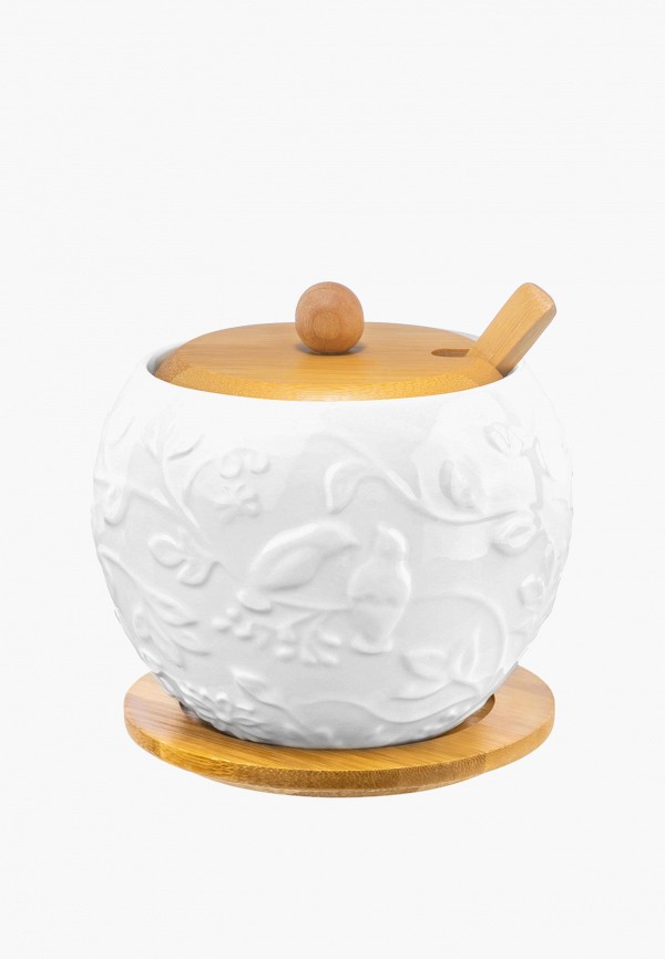 Elan Gallery Сахарница - 620 мл 12х12х12 см Птички на ветке, с ложкой и деревянной крышкой, на деревянной подставке - фото 1