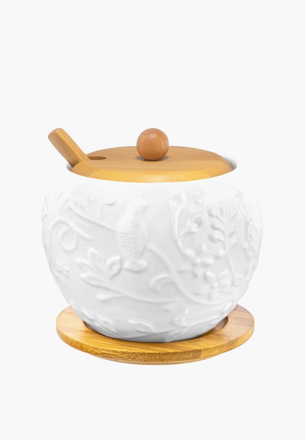 Elan Gallery Сахарница - 620 мл 12х12х12 см Птички на ветке, с ложкой и деревянной крышкой, на деревянной подставке - фото 4