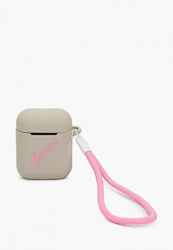 Guess Чехол для наушников - Airpods, Silicone case Script logo with cord Grey/Pink - фото 1