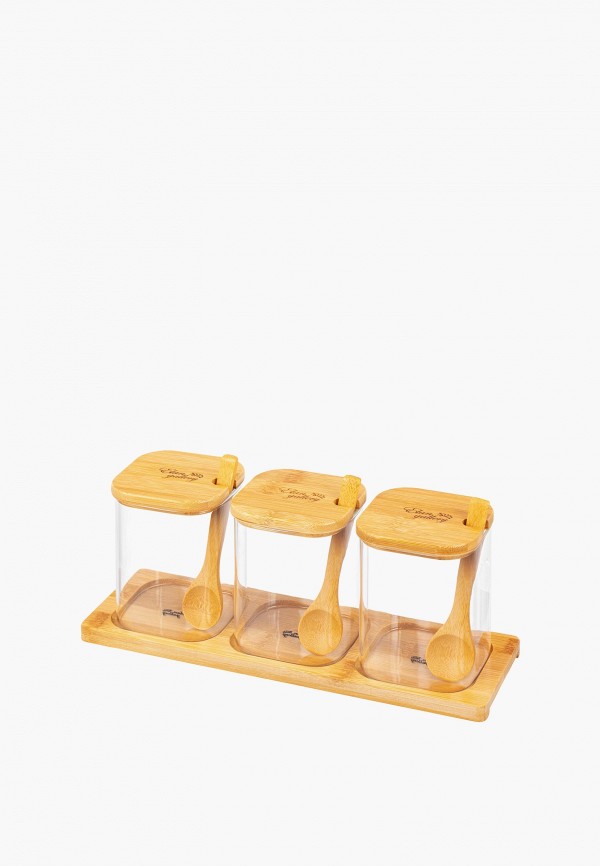 Elan Gallery Набор банок для хранения - 3х450 мл 29х9,5х11,5 см Crystal glass, с бамбуковыми крышками и ложками, на подставке - фото 1