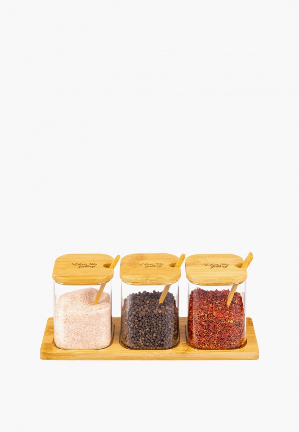 Elan Gallery Набор банок для хранения - 3х450 мл 29х9,5х11,5 см Crystal glass, с бамбуковыми крышками и ложками, на подставке - фото 2