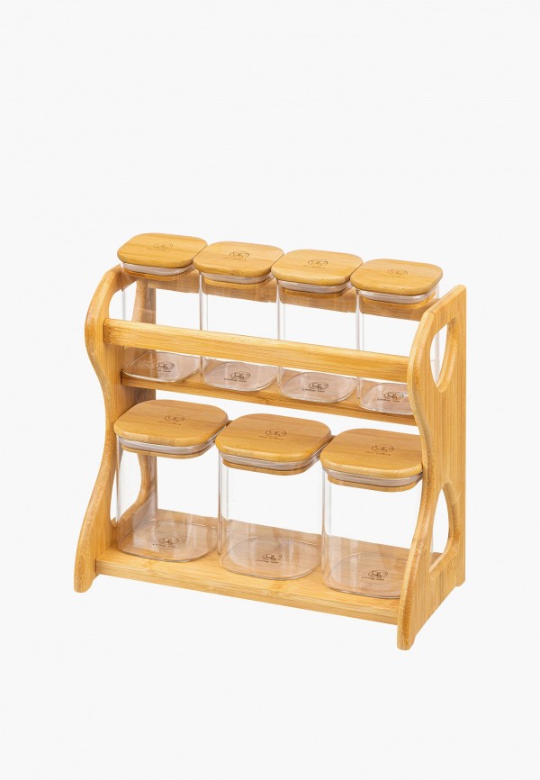 Elan Gallery Набор банок для хранения - 7 предметов 28х13,5х28 см Crystal glass, с бамбуковыми крышками, на подставке - фото 1