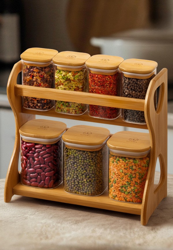 Elan Gallery Набор банок для хранения - 7 предметов 28х13,5х28 см Crystal glass, с бамбуковыми крышками, на подставке - фото 3