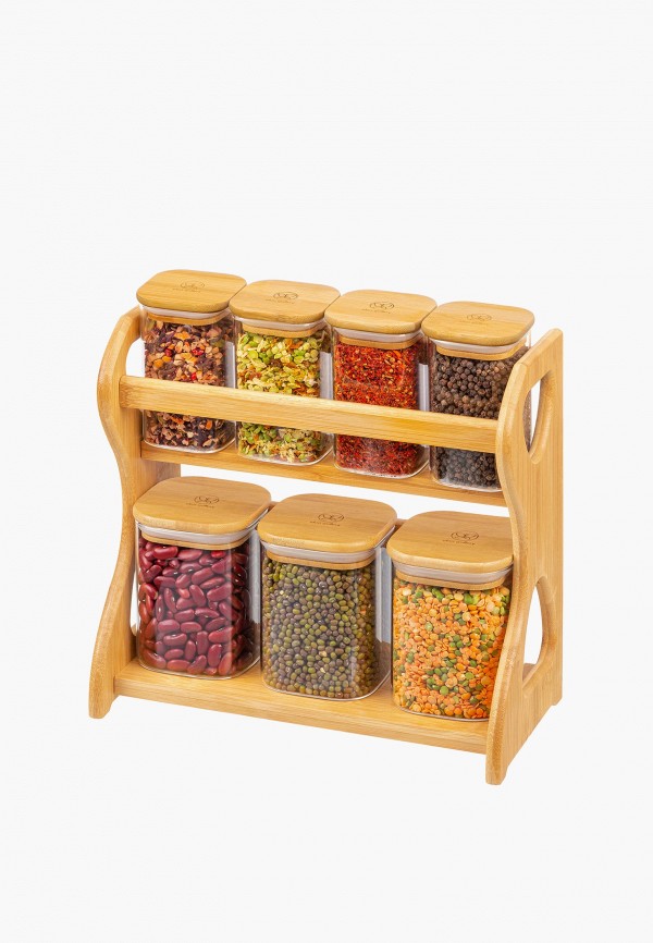Elan Gallery Набор банок для хранения - 7 предметов 28х13,5х28 см Crystal glass, с бамбуковыми крышками, на подставке - фото 4