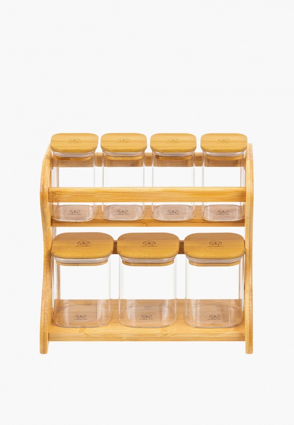 Elan Gallery Набор банок для хранения - 7 предметов 28х13,5х28 см Crystal glass, с бамбуковыми крышками, на подставке - фото 5