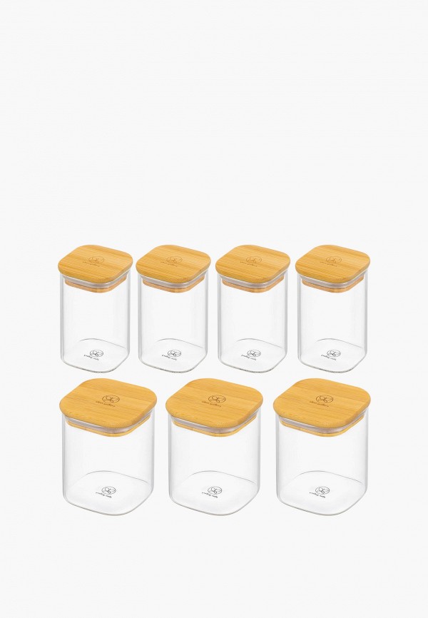 Elan Gallery Набор банок для хранения - 7 предметов 28х13,5х28 см Crystal glass, с бамбуковыми крышками, на подставке - фото 6
