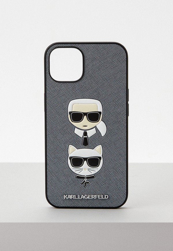 Karl Lagerfeld Чехол для iPhone - 13, PU Saffiano Karl & Choupette heads Hard Silver - фото 1