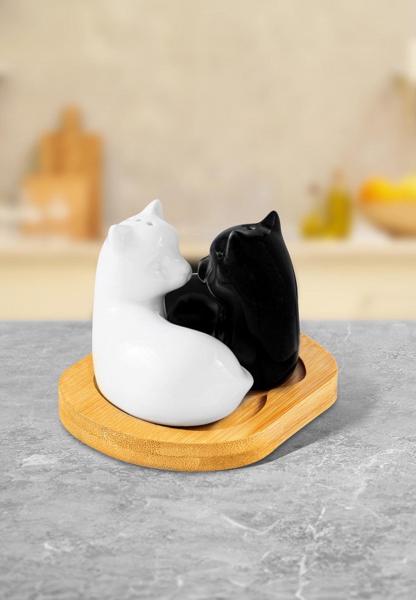 Elan Gallery Набор для сервировки специй - 11х9х7 см Кошки черно-белые, на деревянной подставке - фото 3