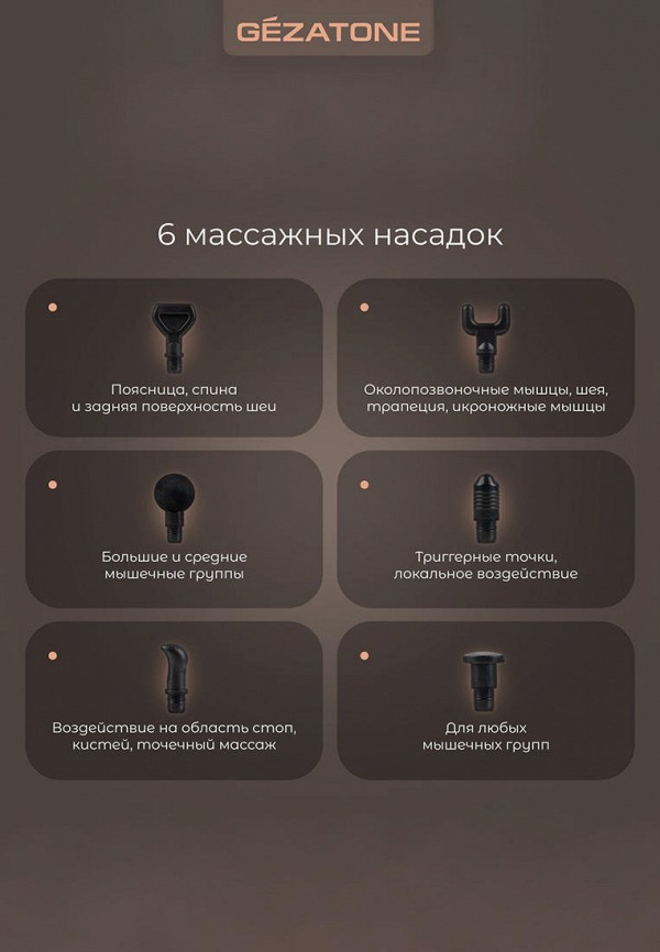 Gezatone Массажер для тела - Перкуcсионный пистолет с 6 насадками AMG143 - фото 6