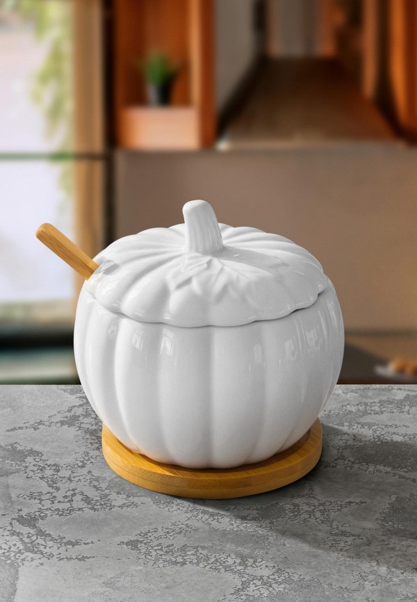 Elan Gallery Сахарница - 350 мл 10,8х10,8х10 см Тыква, с ложкой, на деревянной подставке - фото 3