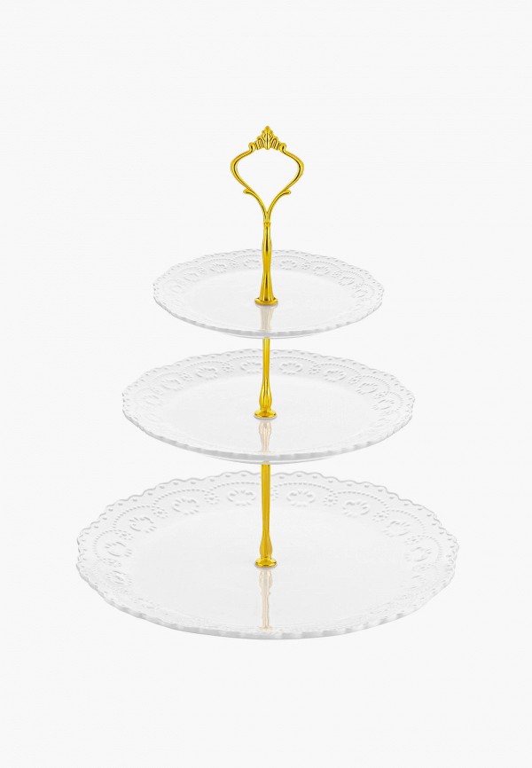Elan Gallery Блюдо сервировочное - 3-х ярусное 28х28х37 см Белый узор, с золотистым креплением - фото 1
