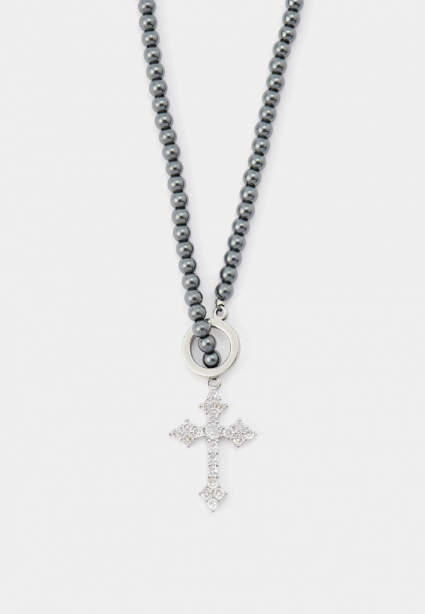 Mr&Mrs Wolf Колье - Колье-галстук из гематита темный шарик  с крестом - фото 1