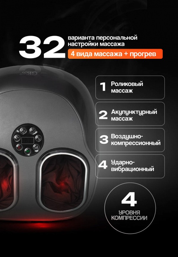 Gess Массажер для ног - электрический с прогревом, 4 программы - фото 2