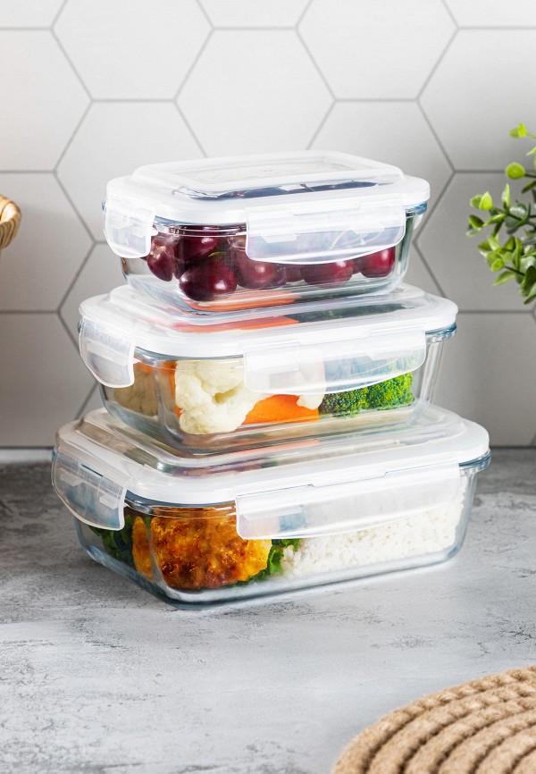 Elan Gallery Набор контейнеров для хранения продуктов - 360 мл, 600 мл, 1000 мл с пластиковыми крышками с силиконовыми уплотнителями, крышки с защелками - фото 3