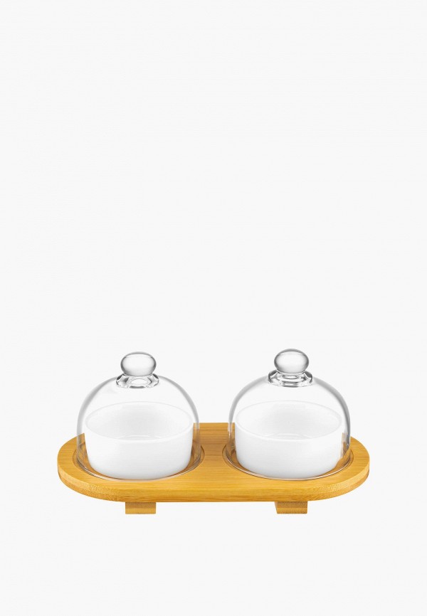 Elan Gallery Набор из сервировочной доски и соусников - 2х60 мл 22х11х9,5 см Айсберг со стеклянными крышками, на деревянной подставке - фото 1