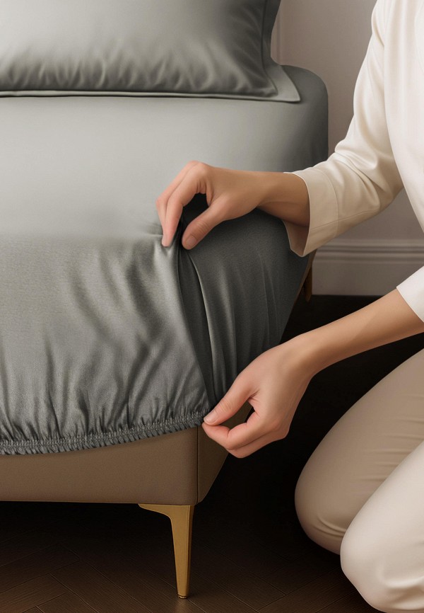 Bellehome Простыня 1,5-спальная - на резинке Стефания Khaki  80х200х30 сатин - фото 3