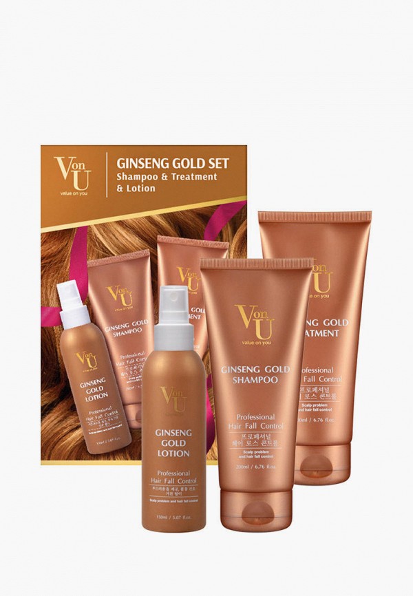 Von U Набор для ухода за волосами - подарочный корейский / Активация роста волос / Для борьбы с перхотью / Шампунь 200 мл + Маска 200 мл + Сыворотка 150 мл / Ginseng Gold SPA Gift Set - фото 1