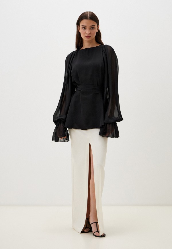 Tunkina Блуза - вырез-лодочка с шарфом поясом шифон черный - фото 2