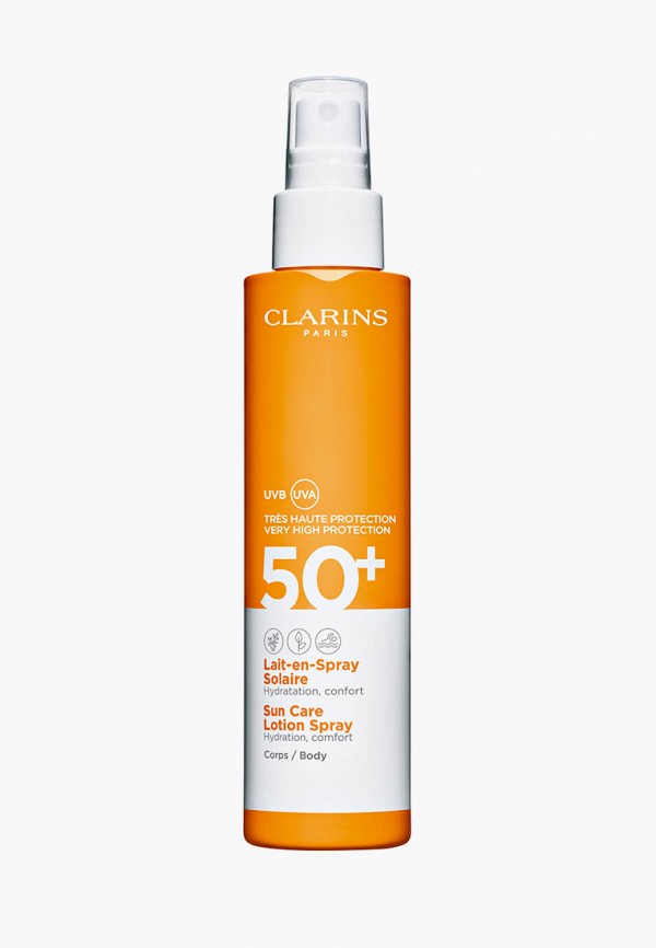 

Спрей для тела Clarins, Прозрачный, SPF 50+ Lait-en-Spray Solaire Corps, 150 мл