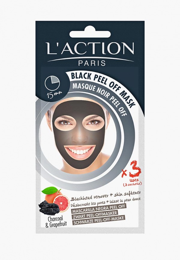 

Маска для лица L'Action, Прозрачный, очищающая, на основе угля Black Peel off mask, 3 х 6 г