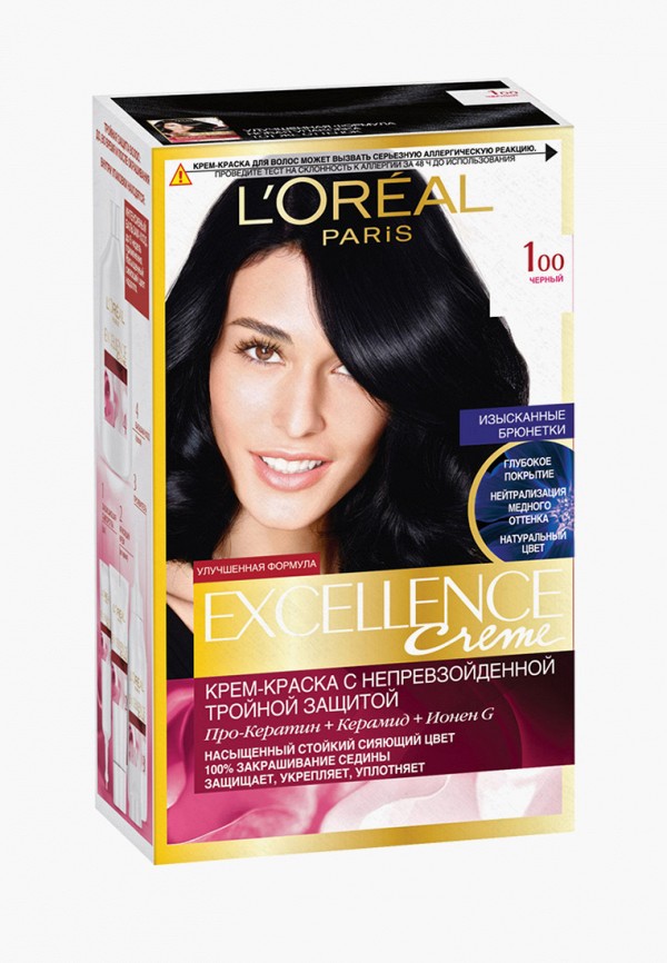 

Краска для волос L'Oreal Paris, Черный, -крем "Excellence", оттенок 1.00, Черный