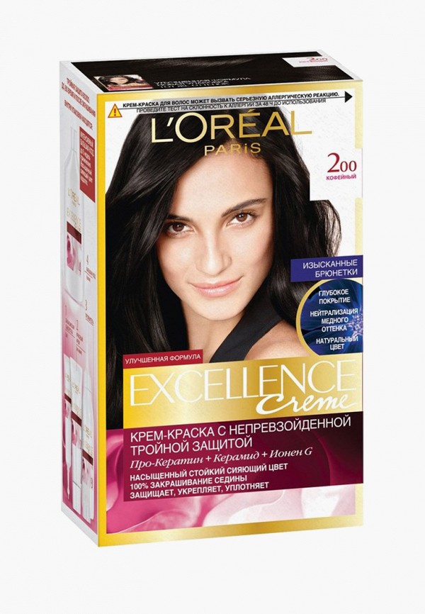 

Краска для волос L'Oreal Paris, Коричневый, -крем "Excellence", оттенок 2.00, Кофейный