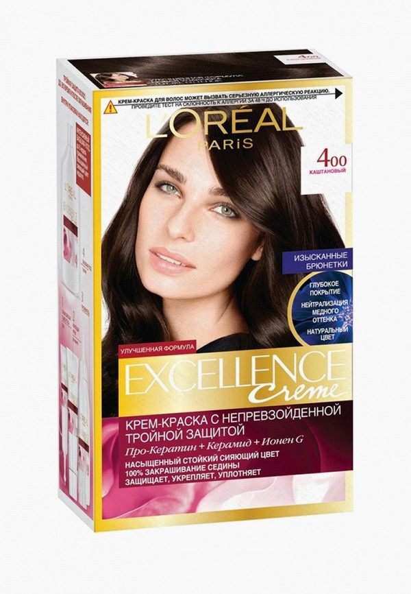 

Краска для волос L'Oreal Paris, Коричневый, -крем "Excellence", оттенок 4.00, Каштановый