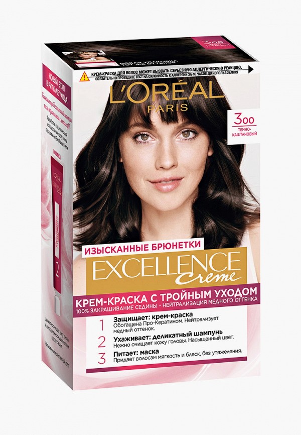 

Краска для волос L'Oreal Paris, Черный, "Excellence", оттенок 3.00, Темно-каштановый