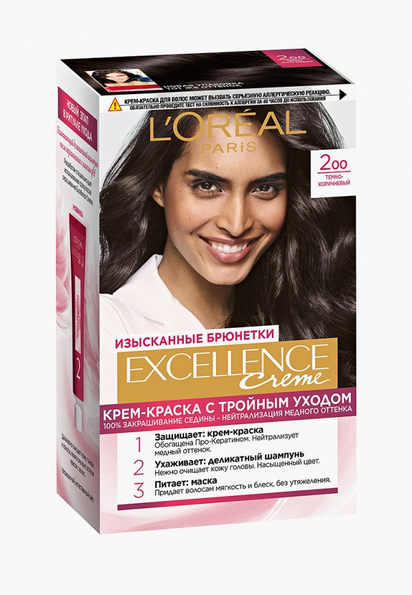

Краска для волос L'Oreal Paris, Разноцветный, "Excellence", оттенок 2.00, Кофейный