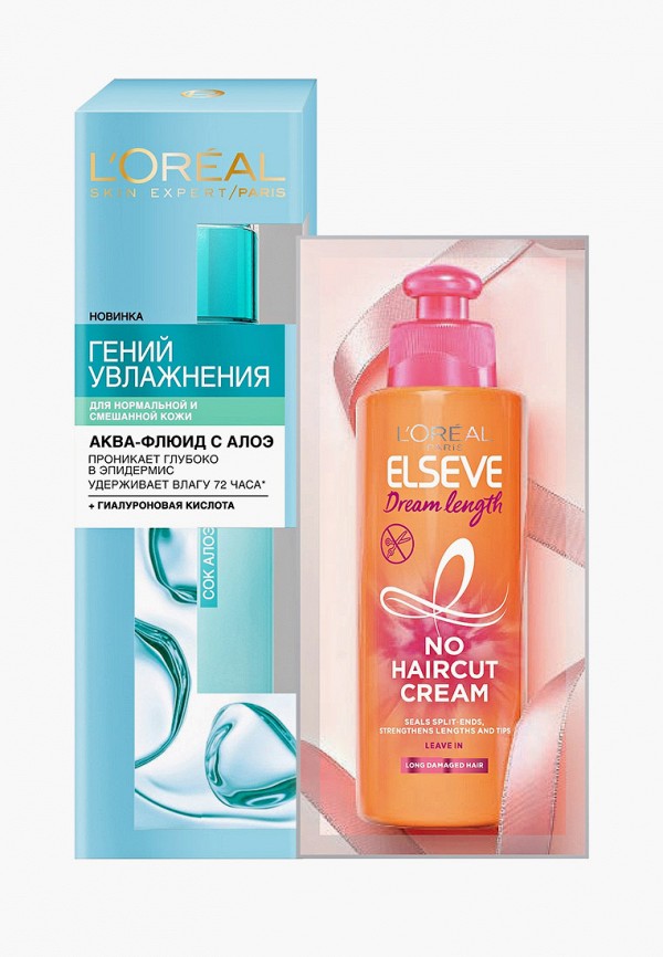 

Сыворотка для лица L'Oreal Paris, Прозрачный, Аква-флюид Гений Увлажнения для нормальной и смешанной кожи, 70 мл, с экстрактом Алоэ и гиалуроновой кислотой + сашетка крем-уход для волос Длина Мечты