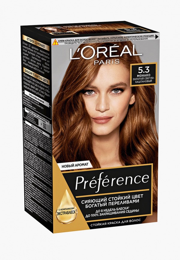 

Краска для волос L'Oreal Paris, Коричневый, "Preference", оттенок 5.3, Монако, Золотой Светло-Каштановый