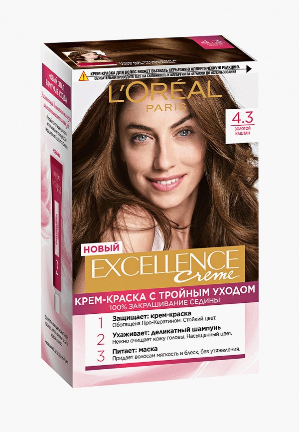 

Краска для волос L'Oreal Paris, Коричневый, Краска для волос "Excellence", оттенок 4.3, Золотой Каштан