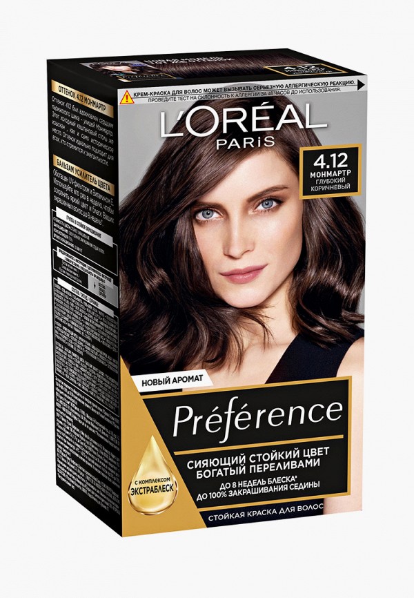

Краска для волос L'Oreal Paris, Черный, "Preference", оттенок 4.12, Монмартр