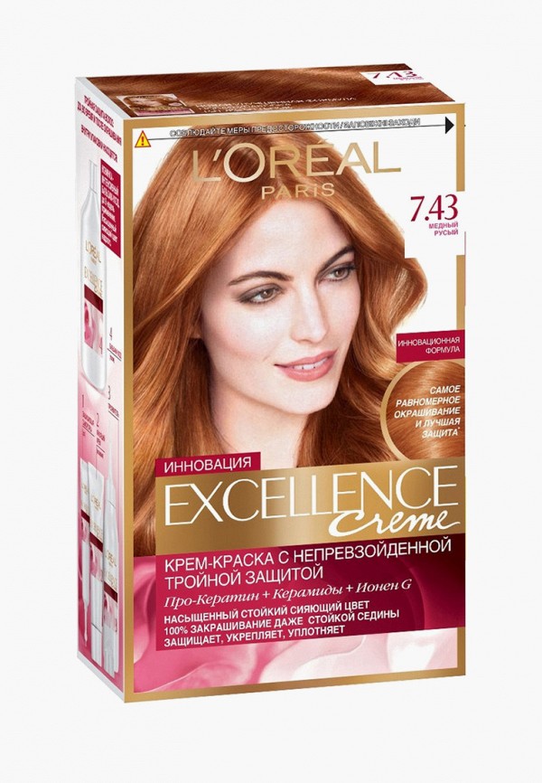 

Краска для волос L'Oreal Paris, Прозрачный, "Excellence", оттенок 7.43, Медный русый