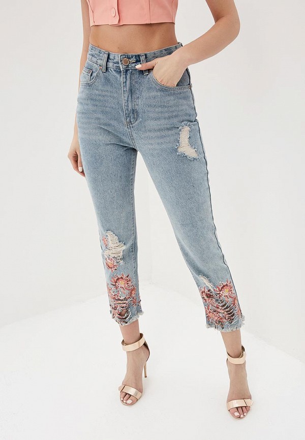 

Джинсы LOST INK, HIGH WAIST STRAIGHT W FLORAL PRINT HEM, Голубой