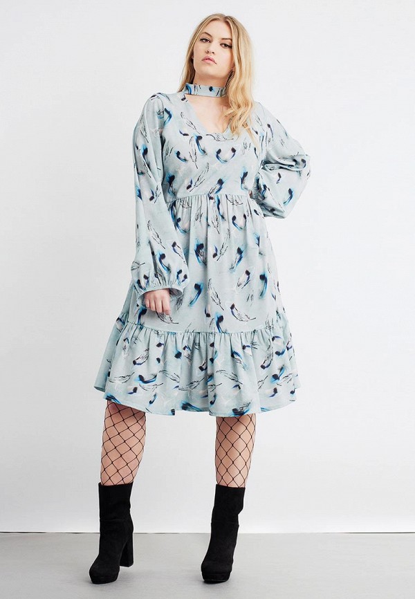 

Платье LOST INK PLUS, SMOCK DRESS IN SLEEPY FEATHER PRINT, Голубой