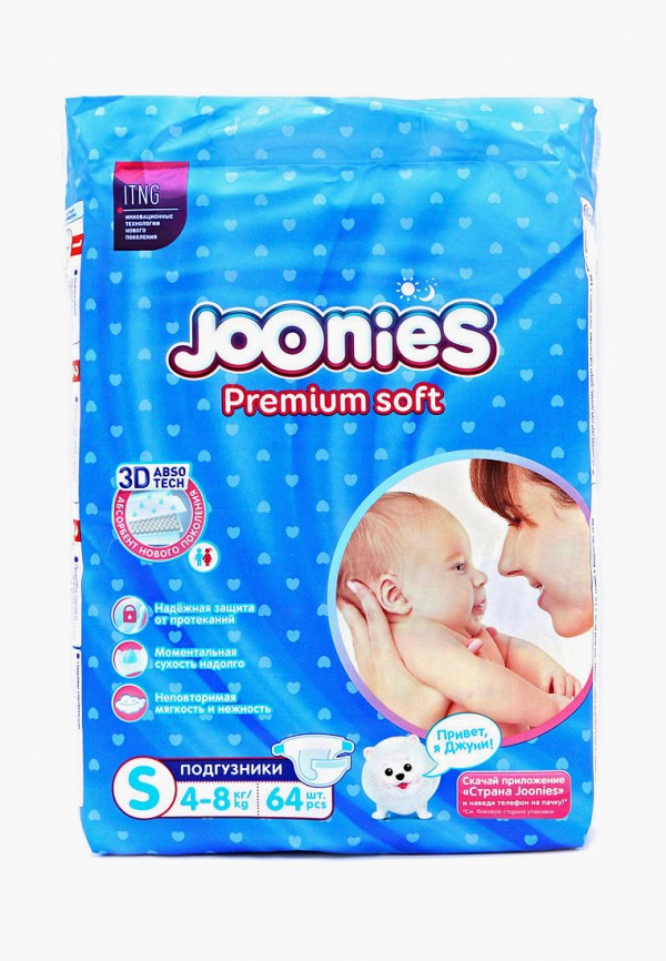 

Подгузники Joonies, Белый, Premium Soft S, 4-8 кг, 64 шт