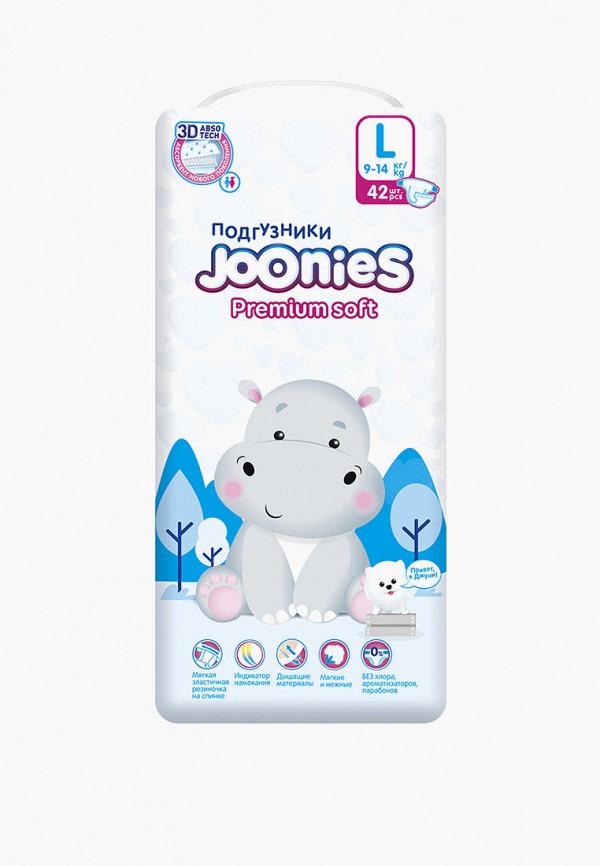 

Подгузники Joonies, Белый, Premium Soft, L 9-14 кг, 42 шт