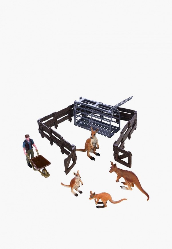 Набор фигурок Masai Mara На ферме, 7 предметов (фермер, тележка, семья кенгуру, ограждение-загон)