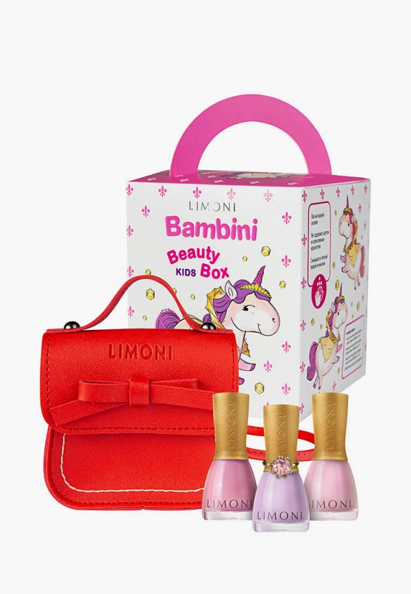 Набор лаков для ногтей Limoni BAMBINI Beauty Kids Box set №17, на водной основе, тон 10-11-12, 3 шт. х 7 мл, + Сумка красная + Кольцо Royal