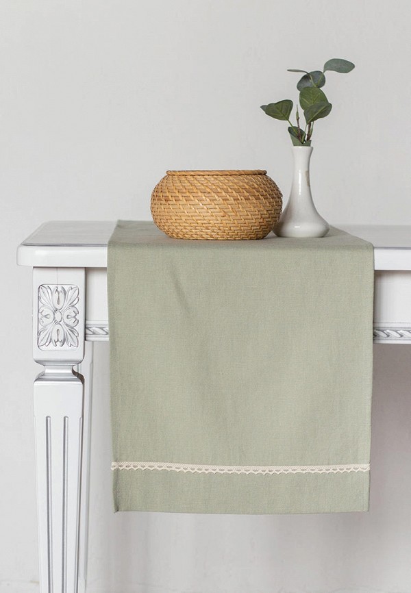 

Скатерть-дорожка Bellehome, Хаки, Laces Crystal Green с кружевом 40х160 лен