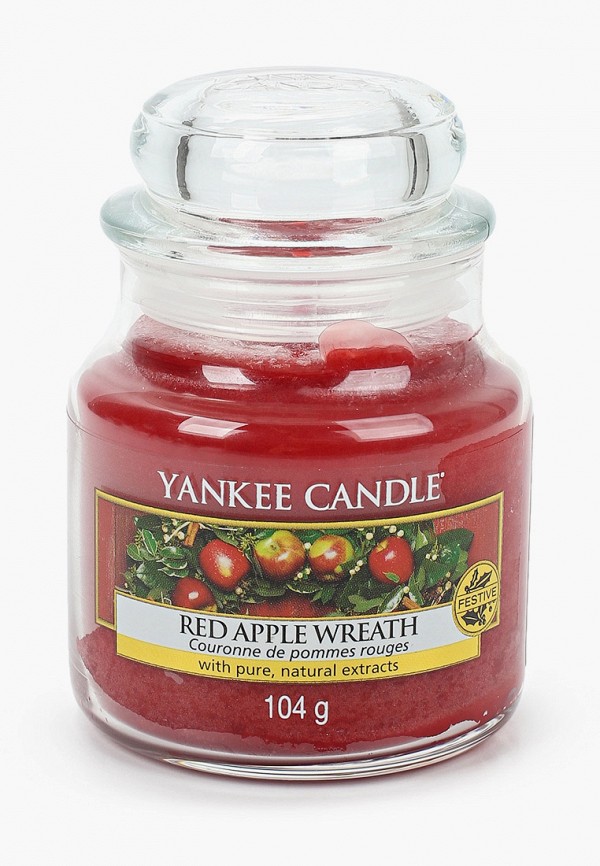 

Свеча ароматическая Yankee Candle, Красный, маленькая в стеклянной банке Венок из из красных яблок Red Apple Wreath 104гр / 25-45 часов