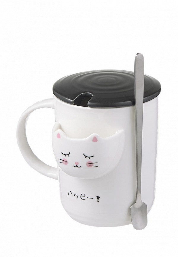 

Кружка Decogallery, Белый, "Meow" с ложкой, крышкой и кармашком