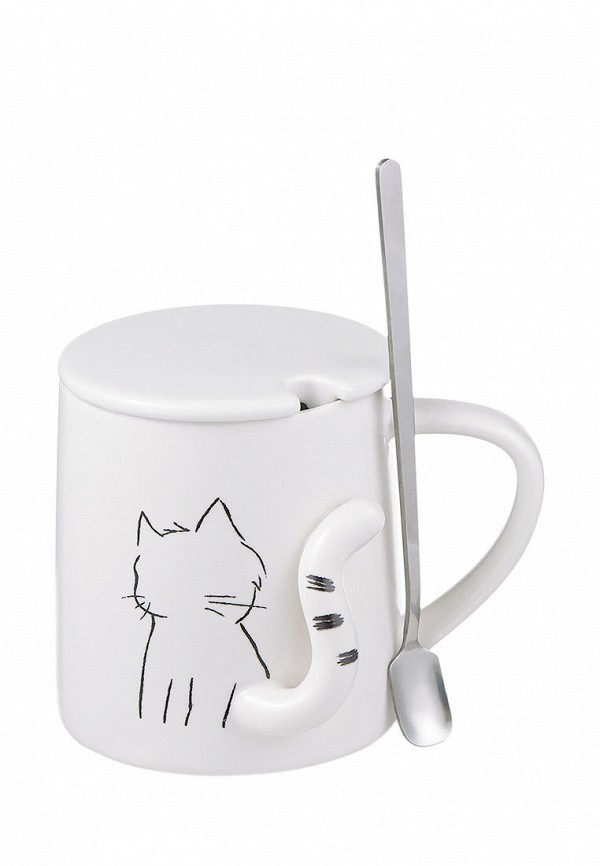 

Кружка Decogallery, Белый, "Cat" с ложкой и крышкой